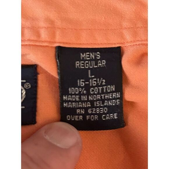 Lands End Mens L Button Down Long Sleeve All Cotton Shirt Orange Double Pocket - Picture 6 of 7